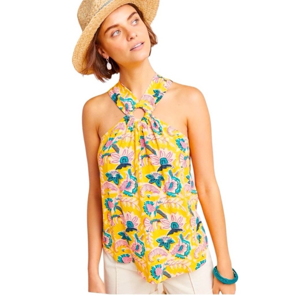Nwot Anthropologie Maeve Mica Tropical Yellow Floral Halter Top Sz 14
